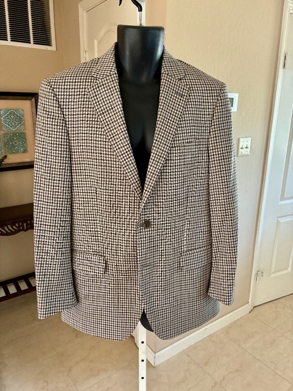NWOT Peter Millar Sport Coat Wool Brown Tan Gingham Check 40R Made in Canada
